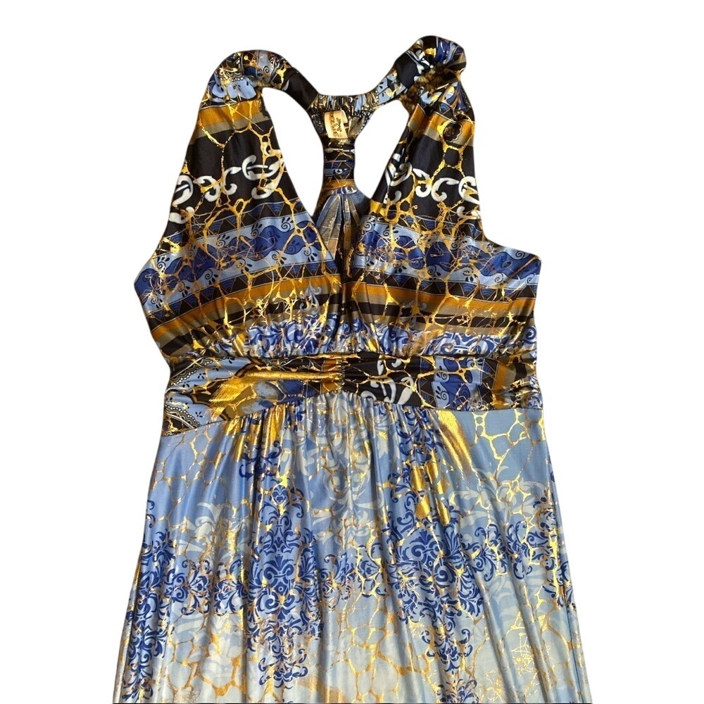 Maxi Dress Halter Blue Brown Floral Sleeveless‎ Evening Party Cocktail S/M - Picture 4 of 11